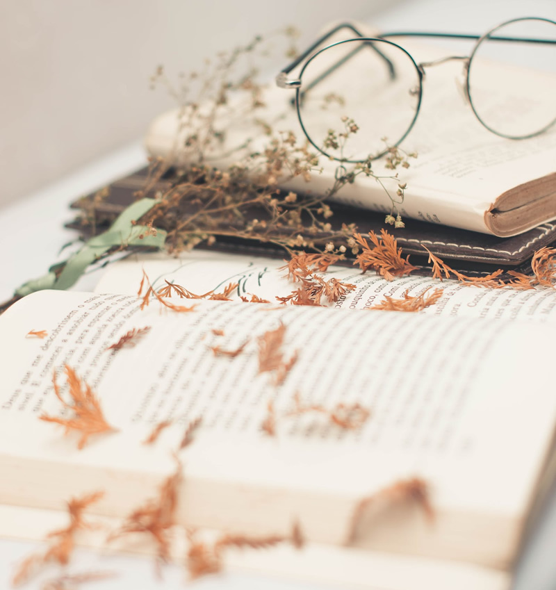 An open book with dried leaves and glasses