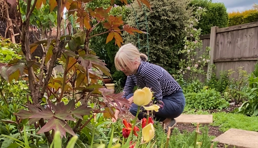 A woman crouching, working in the garden