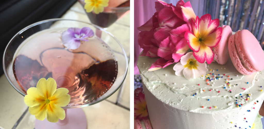 Primrose with cocktail and cake with primroses