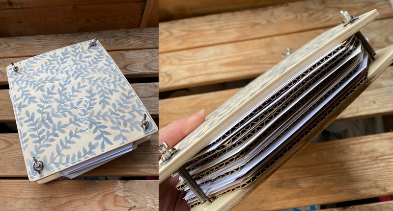 Flower press from above and from the sides to see the layers of paper and card