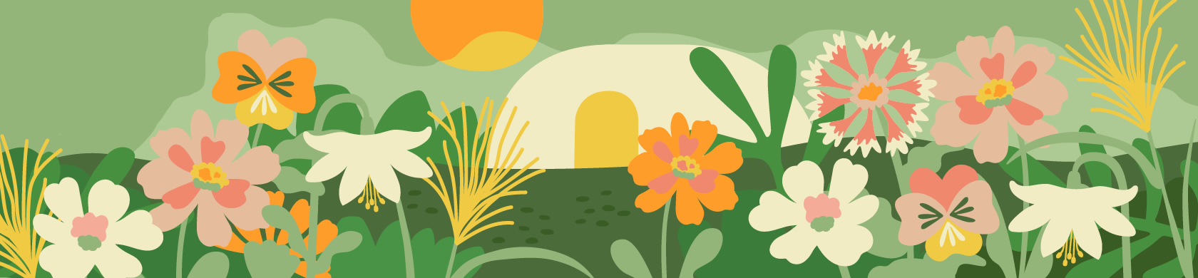 An illustration of flowers and plants in a field, a polytunnel and sun in the background
